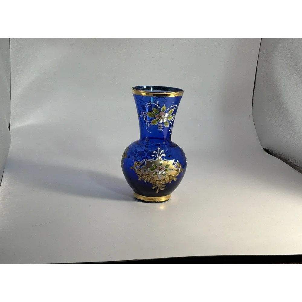 Cobalt Glass Blue Raised Enamel Floral Painting Gilded Gold‎ Filigree